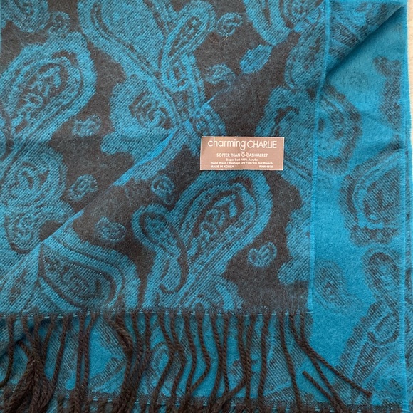 Charming Charlie super soft 💯Acrylic turquoise black paisley scarf wh fringe - Picture 3 of 11